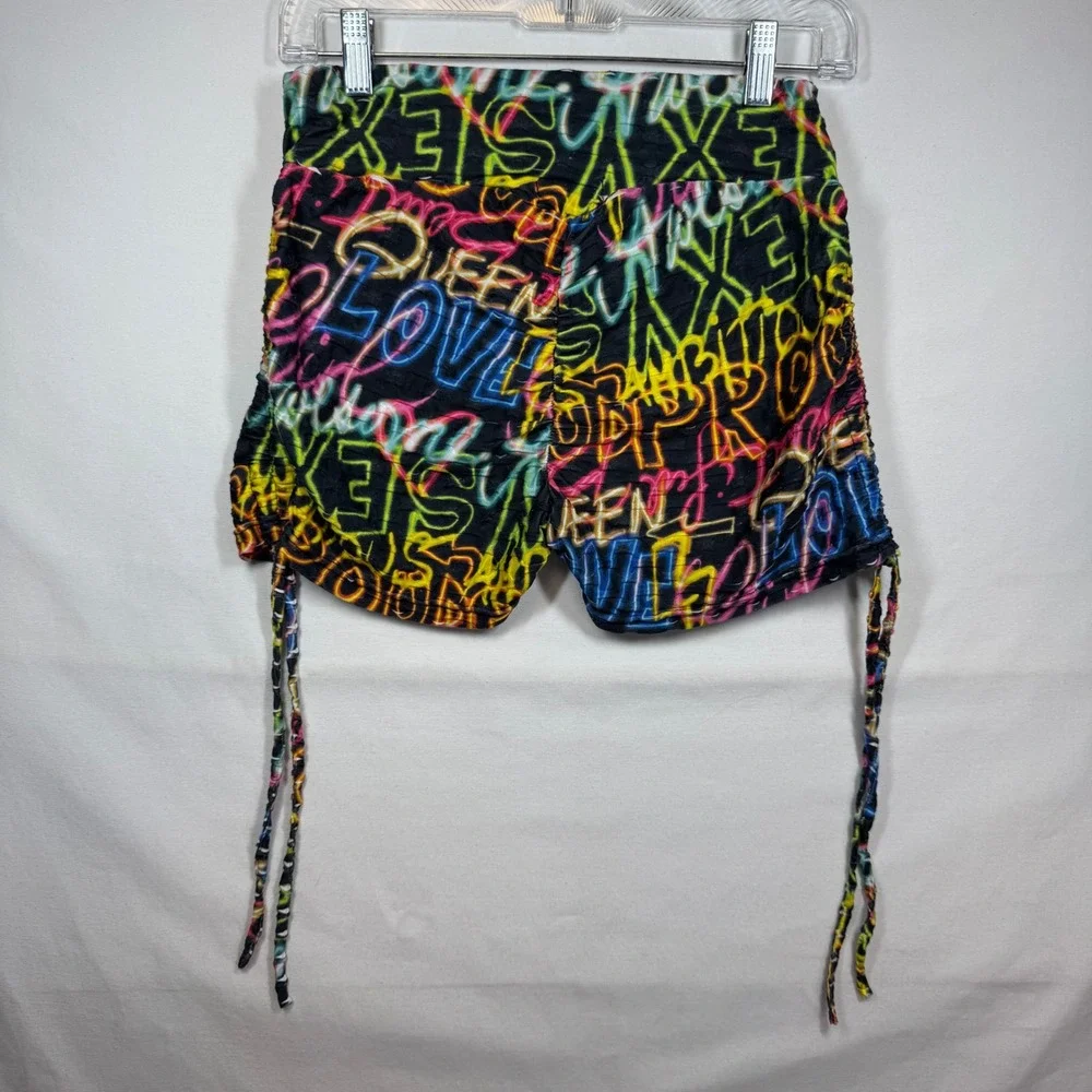 Neon Graffiti Print Shorts Festival Rave Drawstring High Waist Y2K Sz S/M No Tag